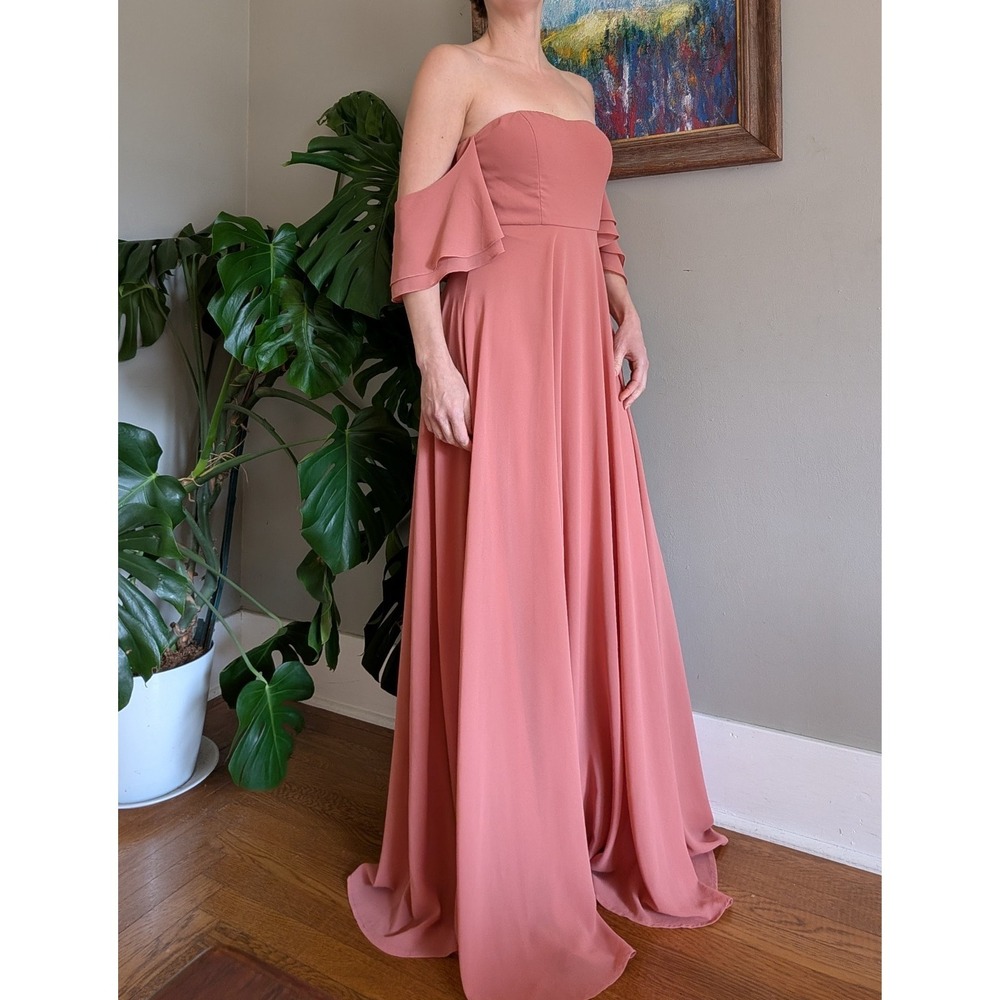 Lulus Abbington Gown Off Shoulder Flutter Sleeve Dusty Rose Chiffon Bridesmaid - Picture 3 of 16